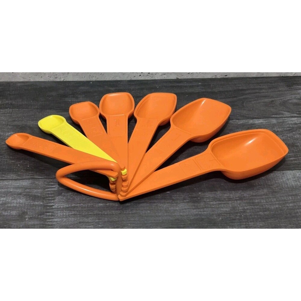 Vintage Multicolored Tupperware Measuring Spoons Set of 7 Retro Kitchen Orange